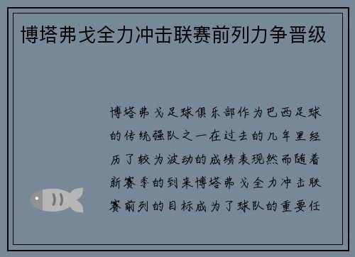 博塔弗戈全力冲击联赛前列力争晋级