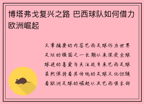 博塔弗戈复兴之路 巴西球队如何借力欧洲崛起